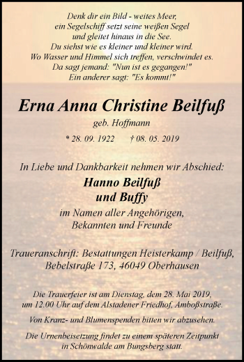 Traueranzeige von Erna Anna Christine Beilfuß von Wochen-Anzeiger Oberhausen