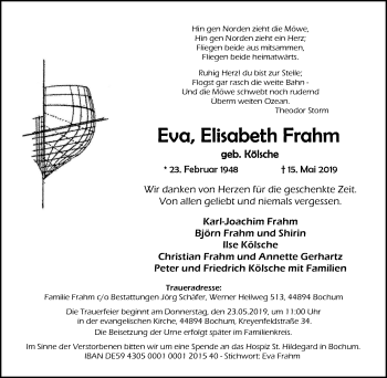 Traueranzeige von Eva Elisabeth Frahm von Stadtspiegel Bochum