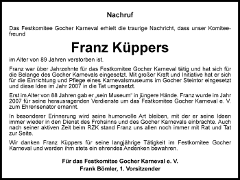 Traueranzeige von Franz Küppers von Gocher Wochenblatt