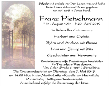 Traueranzeige von Franz Pietschmann von Stadtspiegel Hattingen/Niedersprockhövel