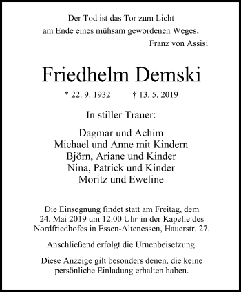 Traueranzeige von Friedhelm Demski von Nord Anzeiger Essen