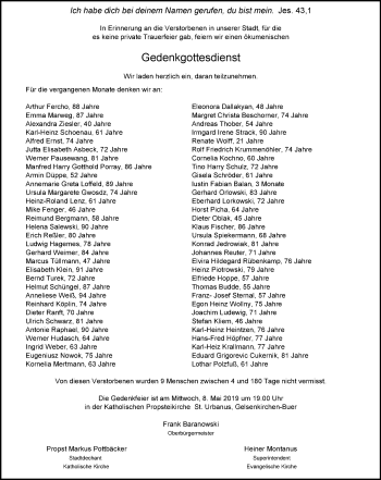 Traueranzeige von Gedenkgottesdienst  von Stadtspiegel Gelsenkirchen