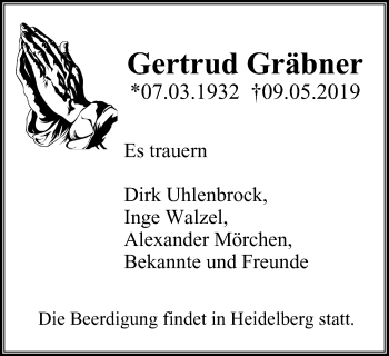 Traueranzeige von Gertrud Gräbner von Stadtanz.Castrop-Rauxel