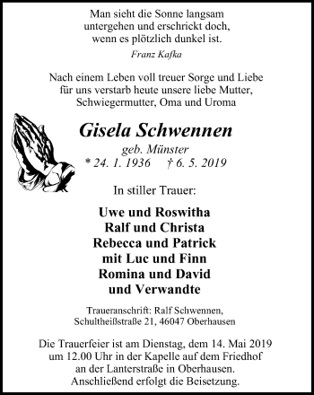 Traueranzeige von Gisela Schwennen von Wochen-Anzeiger Oberhausen