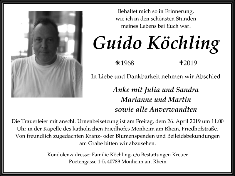  Traueranzeige für Guido Köchling vom 20.04.2019 aus Wochen-Anzeiger Langenfeld/Monheim/Hilden