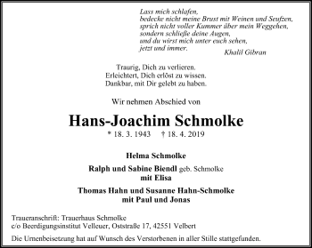 Traueranzeige von Hans-Joachim Schmolke von Stadtanzeiger Velbert + Heiligenhaus