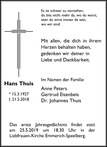 Traueranzeige von Hans Thuis von Stadtanzeiger Emmerich/Rees/Isselburg