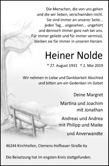 Traueranzeige von Heiner Nolde von Stadtspiegel Bottrop