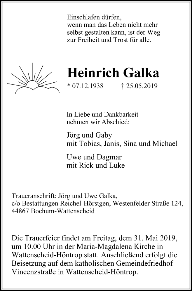  Traueranzeige für Heinrich Galka vom 29.05.2019 aus Stadtspiegel Wattenscheid