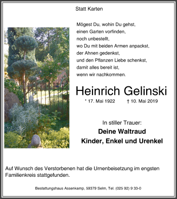 Traueranzeigen von Heinrich Gelinski TrauerinNRW.de