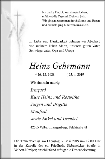 Traueranzeige von Heinz Gehrmann von Stadtanzeiger Velbert + Heiligenhaus