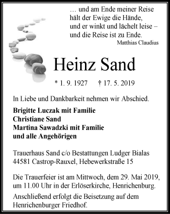 Traueranzeige von Heinz Sand von Stadtanz.Castrop-Rauxel