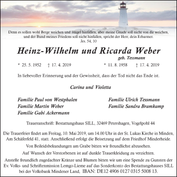 Traueranzeige von Heinz-Wilhelm und Ricarda Weber von Stadtanzeiger Velbert + Heiligenhaus