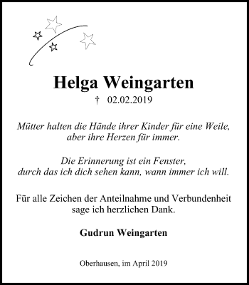 Traueranzeige von Helga Weingarten von Wochen-Anzeiger Oberhausen