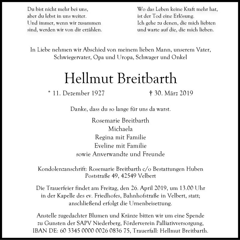  Traueranzeige für Hellmut Breitbarth vom 20.04.2019 aus Stadtanzeiger Velbert + Heiligenhaus