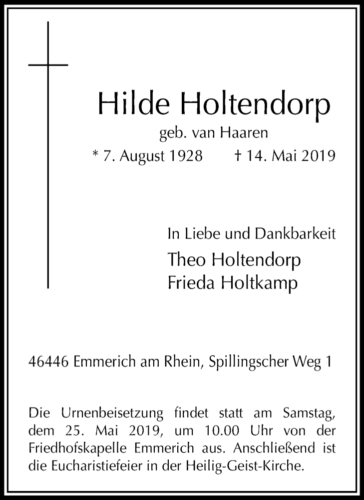  Traueranzeige für Hilde Holtendorp vom 22.05.2019 aus Stadtanzeiger Emmerich/Rees/Isselburg