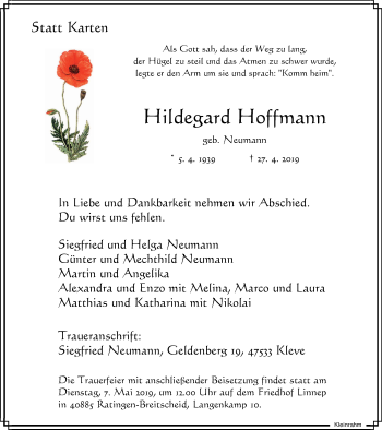 Traueranzeige von Hildegard Hoffmann von WVW Anzeigenblätter