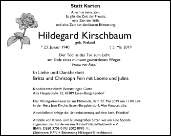 Traueranzeige von Hildegard Kirschbaum von Ruhr Kurier