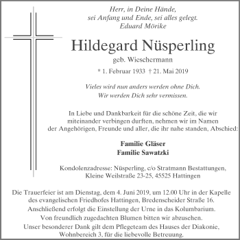 Traueranzeige von Hildegard Nüsperling von Stadtspiegel Hattingen/Niedersprockhövel