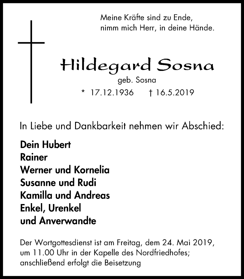  Traueranzeige für Hildegard Sosna vom 22.05.2019 aus Stadtspiegel Bottrop