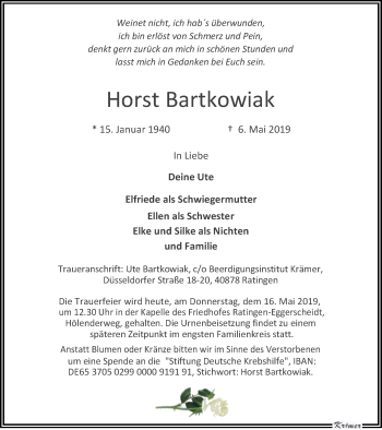 Traueranzeige von Horst Bartkowiak von WVW Anzeigenblätter