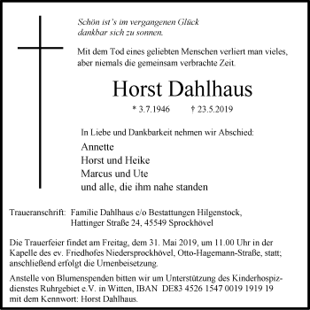 Traueranzeige von Horst Dahlhaus von Stadtspiegel Hattingen/Niedersprockhövel