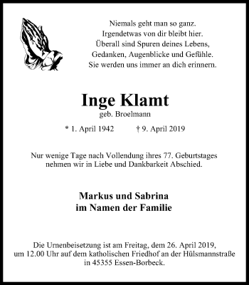 Traueranzeige von Inge Klamt von Borbeck Kurier