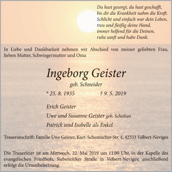 Traueranzeige von Ingeborg Geister von Stadtanzeiger Velbert + Heiligenhaus