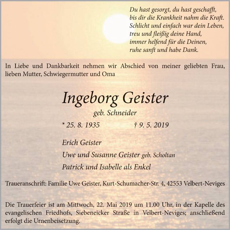  Traueranzeige für Ingeborg Geister vom 18.05.2019 aus Stadtanzeiger Velbert + Heiligenhaus