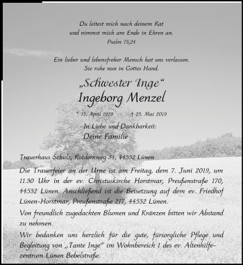 Traueranzeige von Ingeborg Menzel von Lüner Anzeiger