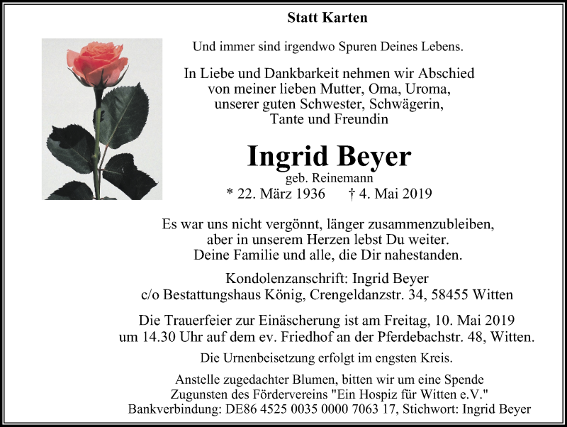  Traueranzeige für Ingrid Beyer vom 08.05.2019 aus Witten aktuell
