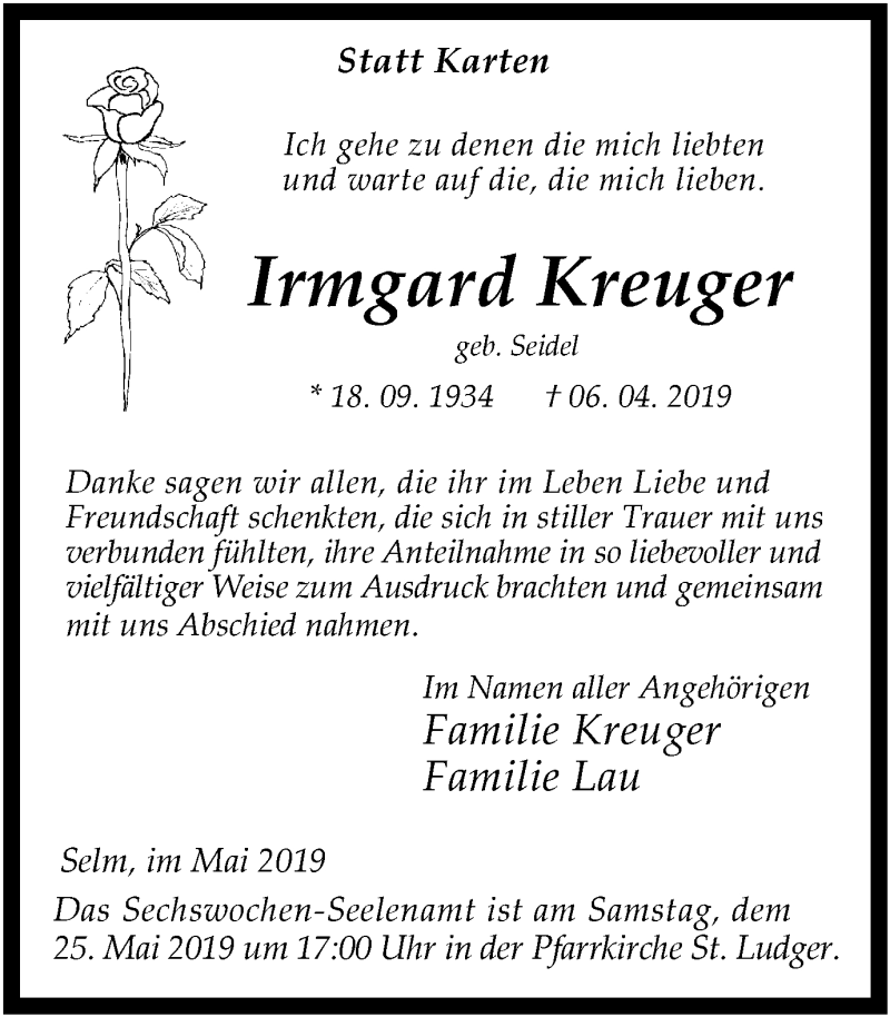  Traueranzeige für Irmgard Kreuger vom 11.05.2019 aus Lüner Anzeiger