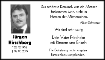 Traueranzeige von Jürgen Hirschberg von Wochen-Anzeiger Oberhausen