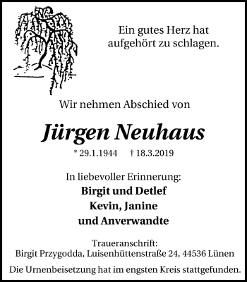 Traueranzeigen von Jürgen Neuhaus TrauerinNRW.de