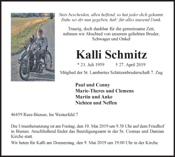 Traueranzeige von Kalli Schmitz von Stadtanzeiger Emmerich/Rees/Isselburg