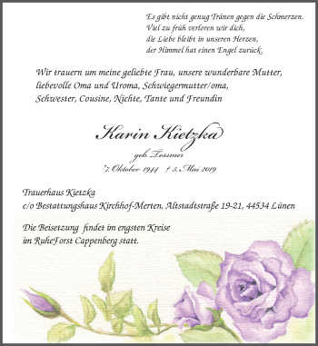 Traueranzeige von Karin Kietzka von Lüner Anzeiger