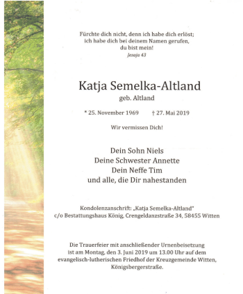 Traueranzeige von Katja Semelka-Altland von Witten aktuell