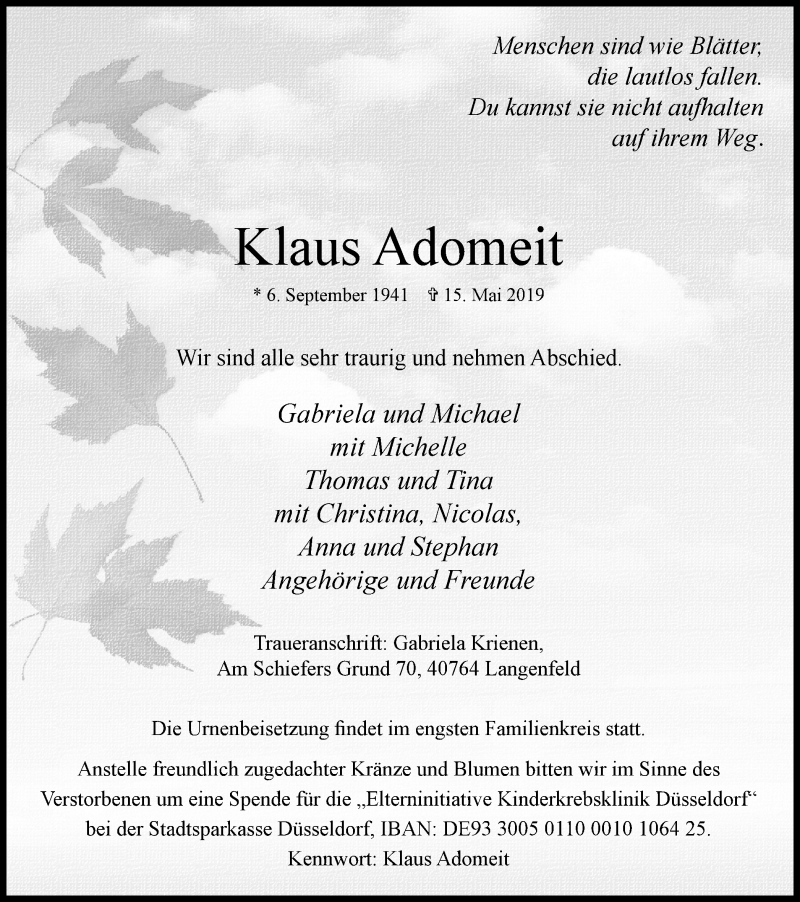  Traueranzeige für Klaus Adomeit vom 25.05.2019 aus Wochen-Anzeiger Langenfeld/Monheim/Hilden