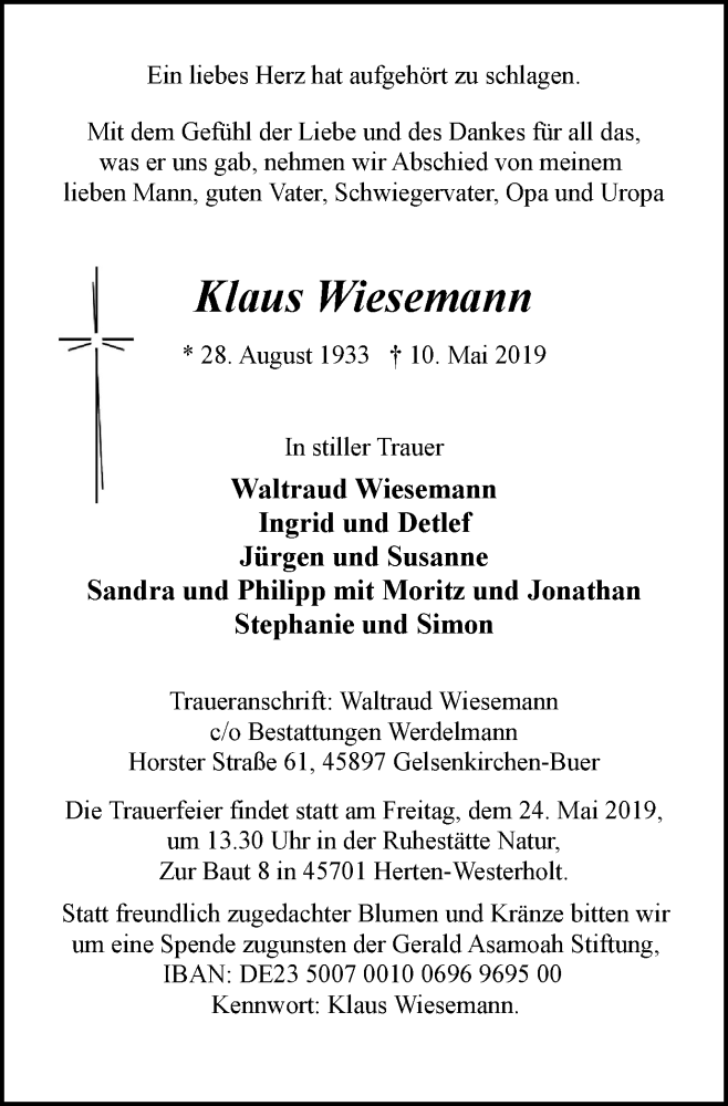  Traueranzeige für Klaus Wiesemann vom 22.05.2019 aus Stadtspiegel Gelsenkirchen