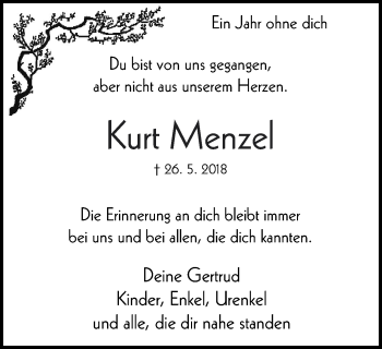 Traueranzeige von Kurt Menzel von Stadtspiegel Bottrop