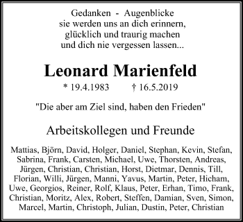 Traueranzeige von Leonard Marienfeld von Stadtspiegel Essen