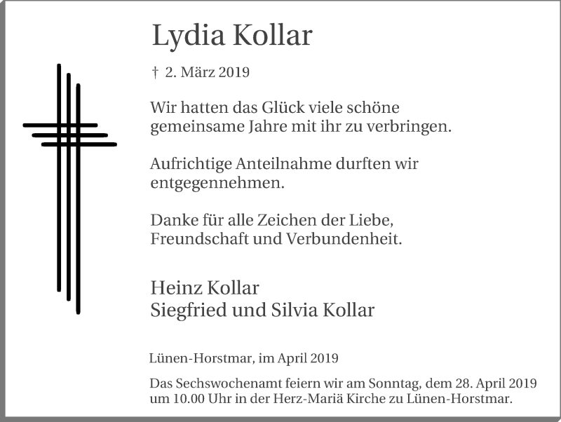  Traueranzeige für Lydia Kollar vom 20.04.2019 aus Lüner Anzeiger