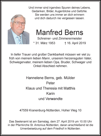 Traueranzeige von Manfred Berns von Klever Wochenblatt