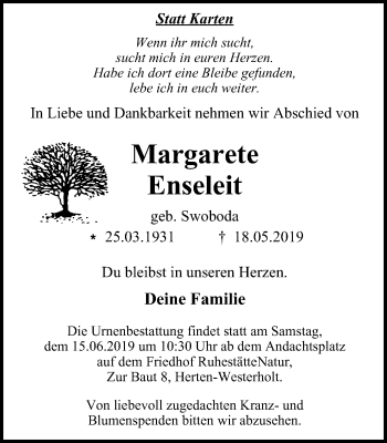 Traueranzeige von Margarete Enseleit von Stadtspiegel Gelsenkirchen