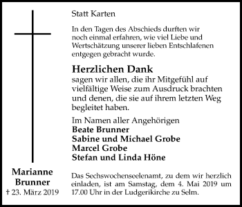 Traueranzeige von Marianne Brunner von Lüner Anzeiger