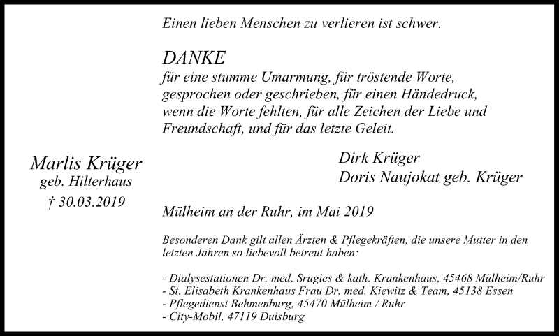  Traueranzeige für Marlis Krüger vom 22.05.2019 aus Mülheimer Woche