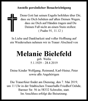 Traueranzeige von Melanie Bielefeld von wap Schwelm/Gevelsberg/Ennepetal