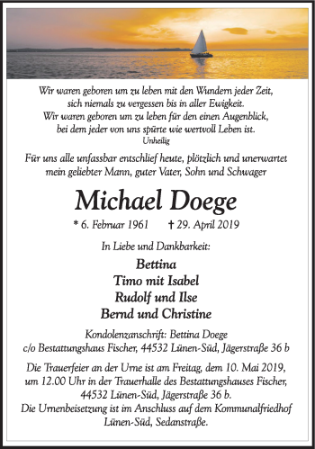 Traueranzeige von Michael Doege von Lüner Anzeiger