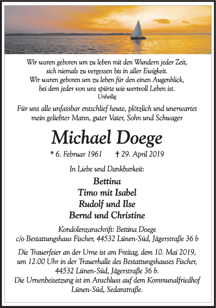  Traueranzeige für Michael Doege vom 04.05.2019 aus Lüner Anzeiger