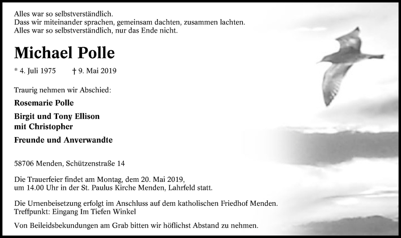  Traueranzeige für Michael Polle vom 15.05.2019 aus Stadtspiegel Menden + Froendenberg